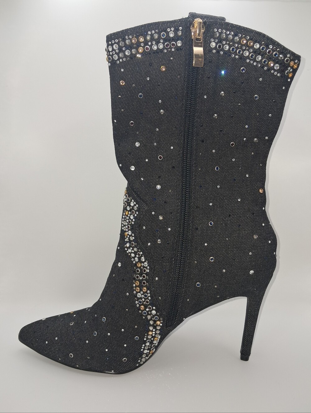 Embellished Dark Denim Western Pointed Toe Stiletto Heel Mid-Calf Cowgirl Boots